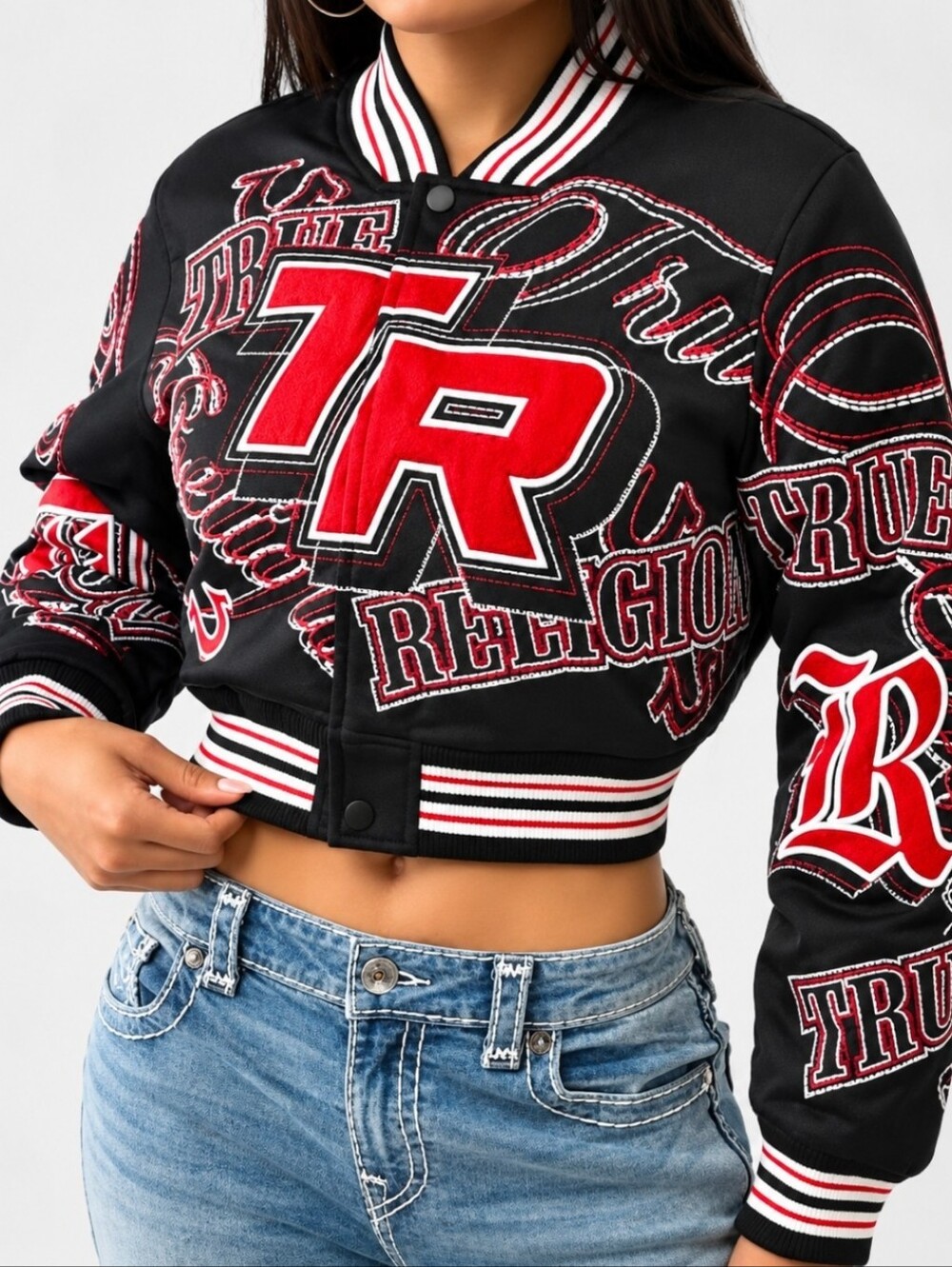 True Religion Black and Red Cropped Varsity Jacket